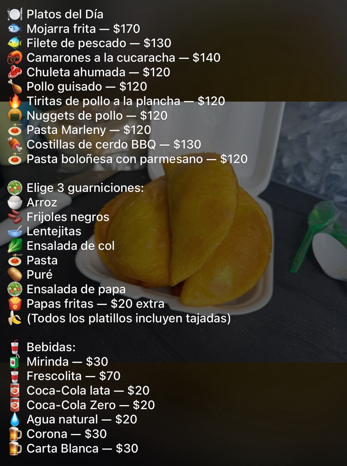 Menú NIMO — platos del día, guarniciones y bebidas con precios